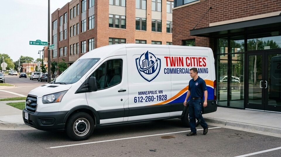 White cargo van with Twin Cities Commercial Cleaning lettering parked beside a brick-and-glass building